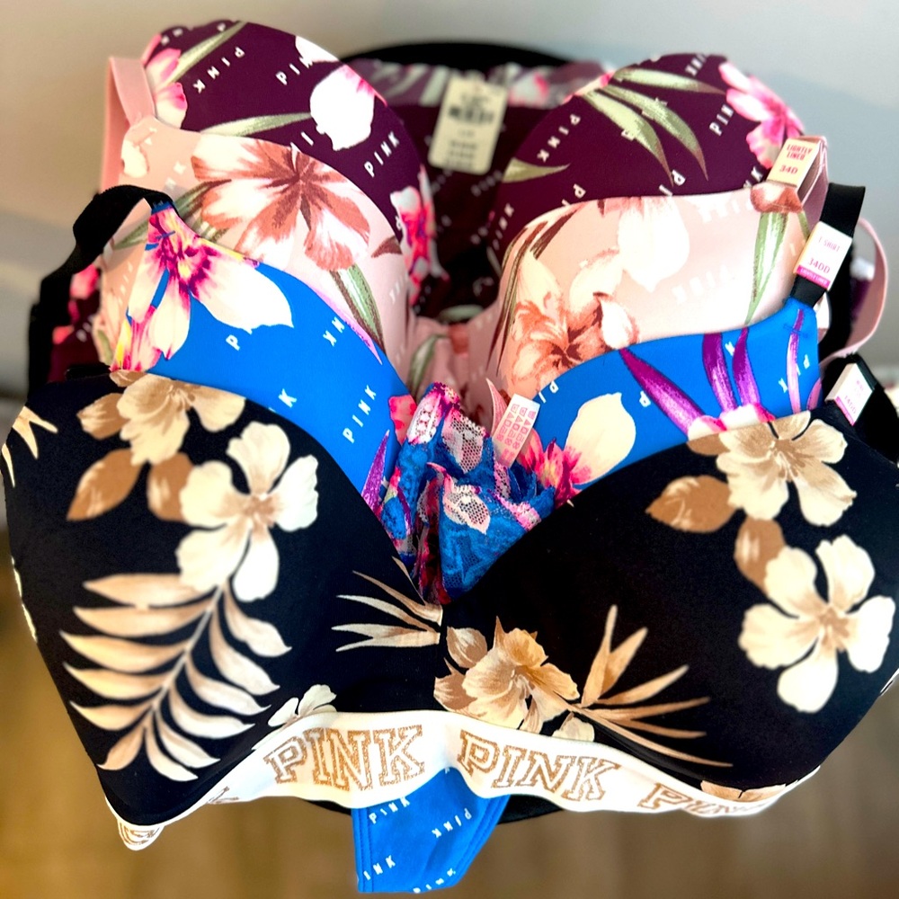 PINK - 4 bras and 2 matching panties (L). Various colors. Size 34DD bras.